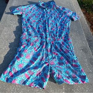 Zesties “In the Fronds” Blue/Pink Tropical Button Up Romper Size XXL